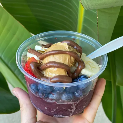Just Açaí bowl with peanut butter and blueberries