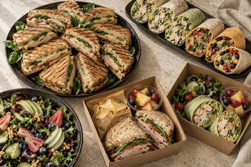 A catering spread: a platter of grilled paninis, a tray of wraps, a berry salad and boxed lunches