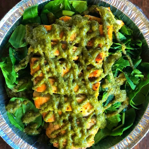 Basil Chicken over spinach with brown rice