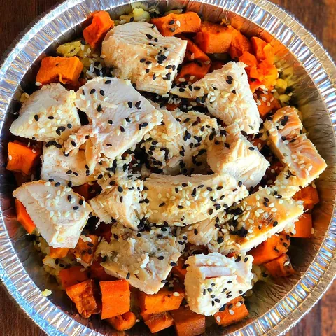 Oven roasted turkey with sweet potatoes and brown rice